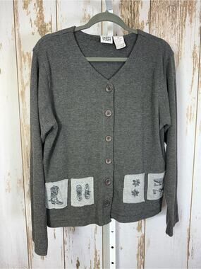 Line Two, Vintage Waffle Knit Cardigan with cute embroidered patches. Size Large